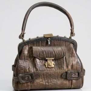 Vintage Brown Leather Satchel Crocodile Skin With Gold Accents 1950s
